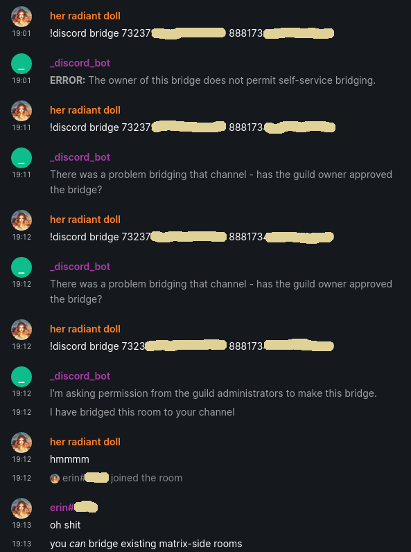 matrix discord bridging of existing rooms